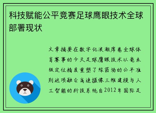 科技赋能公平竞赛足球鹰眼技术全球部署现状