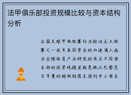 法甲俱乐部投资规模比较与资本结构分析